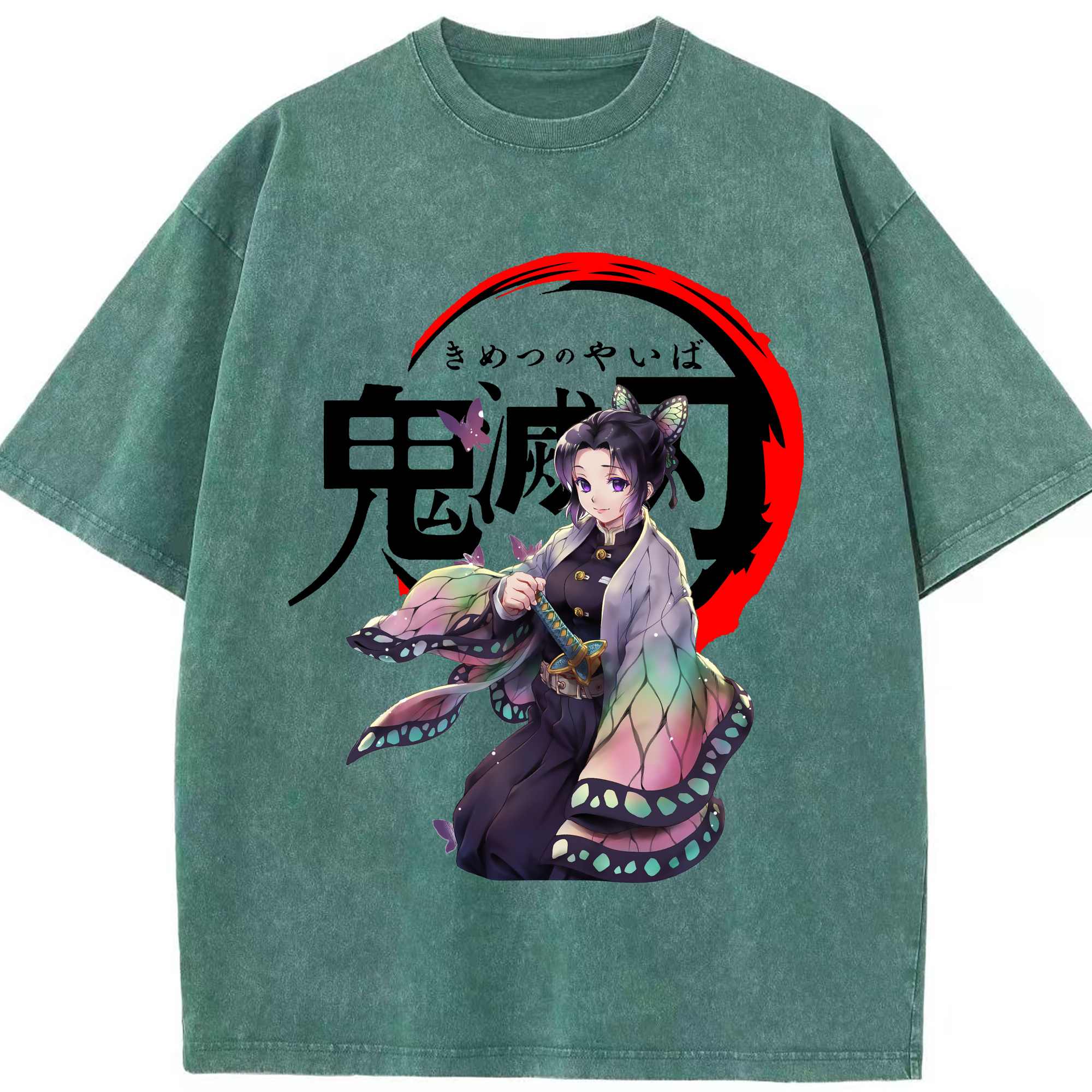 （画像用） 鬼滅の刃（きめつのやいば）蟲柱-胡蝶 しのぶ／こちょう しのぶ Kochou Shinobu 綿100% ヴィンテージ風 半袖Tシャツ（フロントプリント）